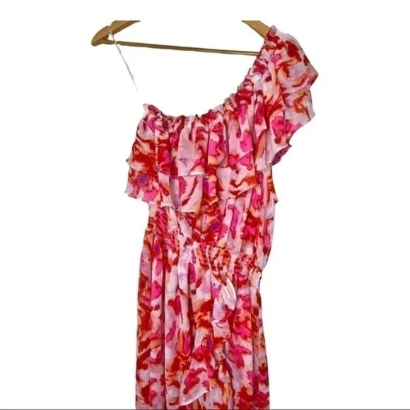 open lace back dress Misa Rumi One Shoulder Asymmetric Ruffle Floral Print Chiffon Dress Size S Nwt